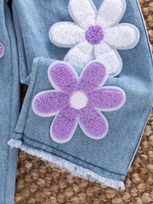 2pcs Summer Baby Girl Fashionable Street Style Sweet Purple Waffle Sleeveless Top Paired With Blue Pants, Purple & White Floral Decor, Suitable For Street, School, Daily Wear - Lilac Purple - View 6