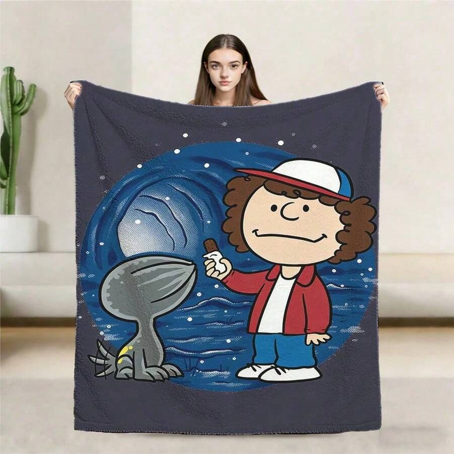 1 pezzo Coperta STRANGER - Coperta grafica retrò con design intricato che raffigura un personaggio cool in una posa casual, circondato da altre figure - Multicolore - Visualizzare 1