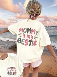 Tween Girl Casual Fun Print Crew Neck Short Sleeve T-Shirt, Summer Top - Apricot - View 3