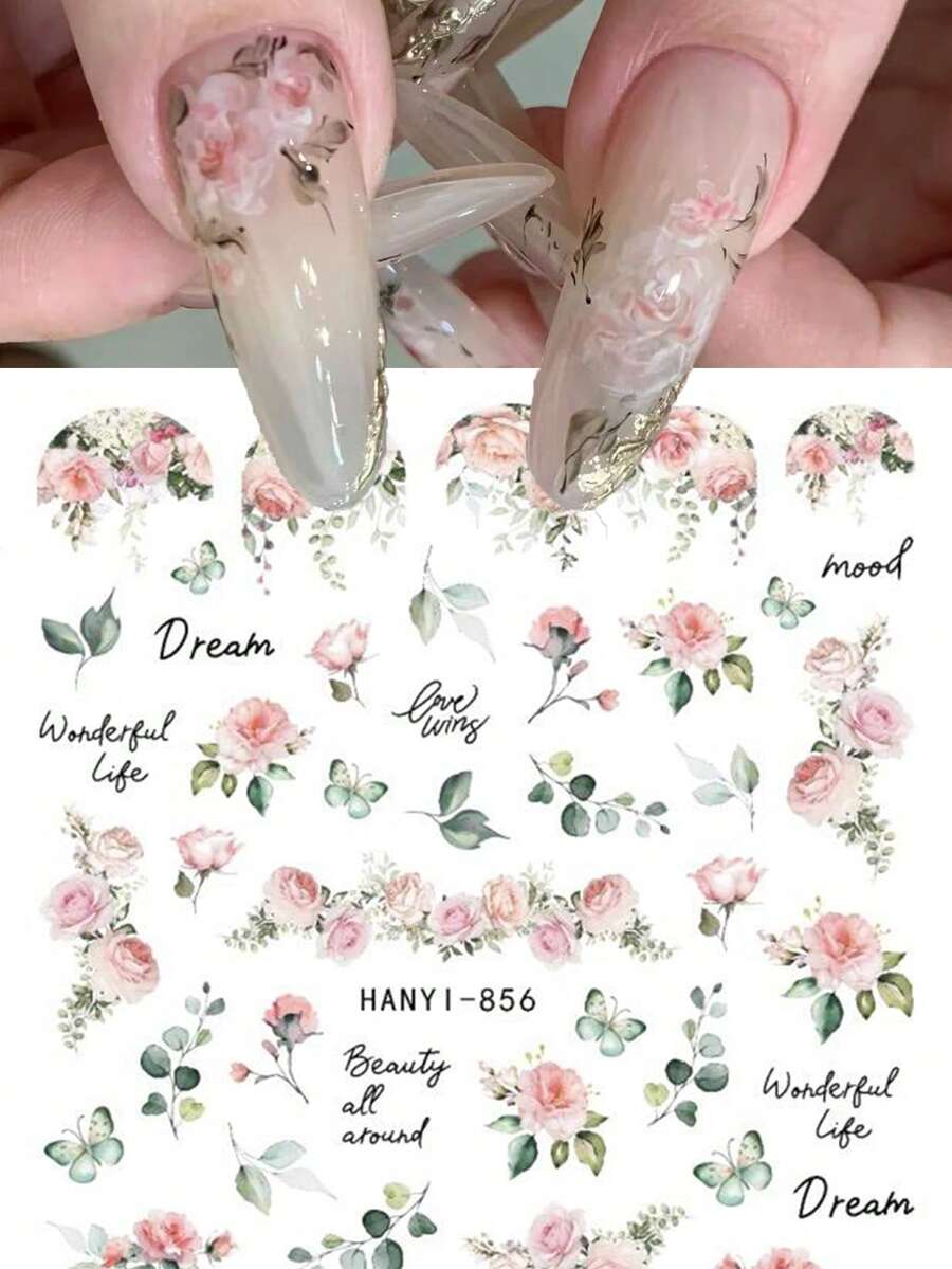 1张法式复古粉色玫瑰美甲贴纸,2D美甲装饰贴纸 - 藕粉色 - 查看 1