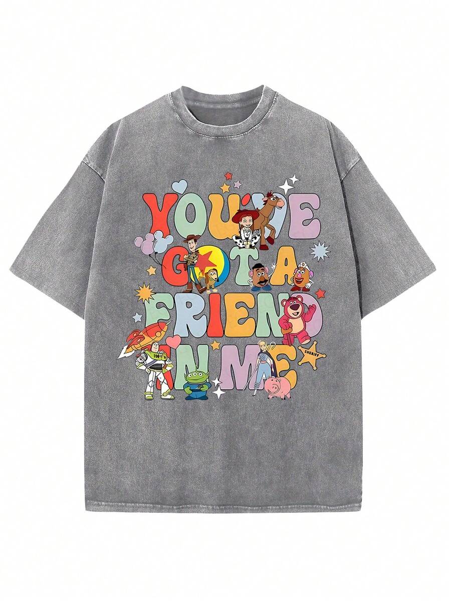 Disney Official Authorization | Toy Story Unisex T-Shirt-Come On Sisters-Woody And Buzz Lightyear Pattern Printing -100% Cotton Washed Short-Sleeved Round Neck Casual Summer Shirt-Machine Washable-Lively Sister Gift-Bright Pattern T-Shirt-Comfortable Fit - Grey - View 1