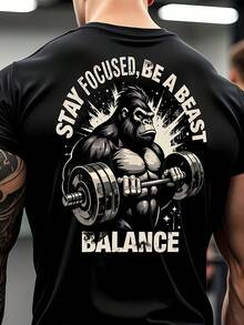 One-Piece T-Shirt, 100% Cotton, With "Stay Focused Be A Beast Balance" Print, Soft And Comfortable, Perfect For All Seasons, Ideal For Outdoor Activities, Running, Gym, Casual Wear And Streetwear, Gift For Family And Friends, Offers From . - 黑色 - 查看 1