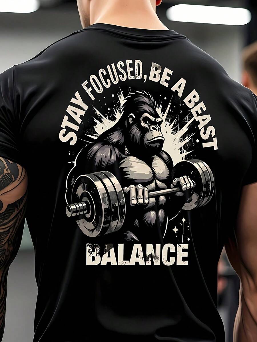 One-Piece T-Shirt, 100% Cotton, With "Stay Focused Be A Beast Balance" Print, Soft And Comfortable, Perfect For All Seasons, Ideal For Outdoor Activities, Running, Gym, Casual Wear And Streetwear, Gift For Family And Friends, Offers From . - 黑色 - 查看 1