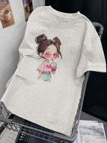 日系女式宽松圆领休闲百搭印花短袖T恤，春夏款 - 淺灰色 - 查看 3