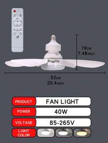 Lámpara de base de 40W para ventilador de techo, ventilador de techo de 20.5" con luz y control remoto, base de lámpara E27 para ventilador de techo LED, apto para baño, dormitorio, luz LED blanca - Blanco - Ver 11