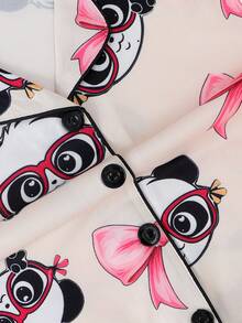 2pcs/Set Piyama Kasual Anak Perempuan Motif Panda dan Pita, Lengan Pendek dengan Kerah dan Celana Pendek, Cocok untuk Semua Musim - Aprikot - View 5