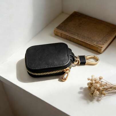 Black PU Hard Earphone Case, Portable Earphone Protective Storage Bag With Mesh Pocket And Keychain, Suitable For Wireless Earphones, USB Cables