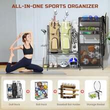 Garage Sports Equipment Organizer3 Golf Bags Storage Stand Heavy-Duty Ball Storage Rack with Basket and Hooks Space-Saving Design for Toy Sports Gear Storage Indoor/Outdoor Use - Negro - Ver 3