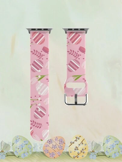 1pc Floral & Striped Egg Pattern Soft Elastic Breathable Replacement Watch Band Strap, Suitable For Samsung, Honor Smartwatches, 38mm 40mm 41mm 42mm 46mm 45mm 44mm 49mm, Fashionable Casual Multi-Color Silicone Watch Band Strap Compatible With Apple Watch Ultra SE/11/10/9/8/7/6/5/4/3/2/1