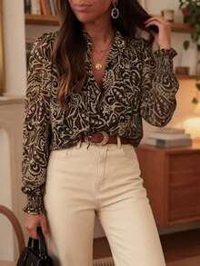 Solstice Apparel Vintage Bohemian Style Floral Print Ruffle Collar Loose Lantern Sleeve Chiffon Blouse, Suitable For Casual Outings, Work, Dates, Gatherings With Friends, Spring/Summer Top - Multicolor - View 9