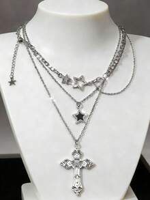 3pcs/Set Vintage Gothic Style Statement Star Charm Chunky Chain Necklace Set For Women, Punk Style - Silver - View 9