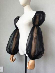 1件黑色网纱双层花瓣袖臂套，弹性长袖口，新娘款 - 彩色 - 查看 12