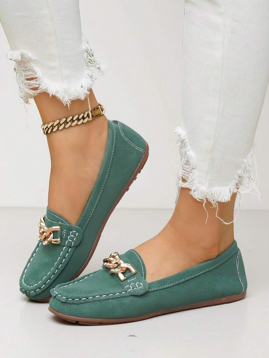 Women's Round Toe Slip-On Flat Comfortable Driving Loafers, Spring/Autumn New Casual Versatile Lightweight Chain Low-Top Loafers - Green - View 1