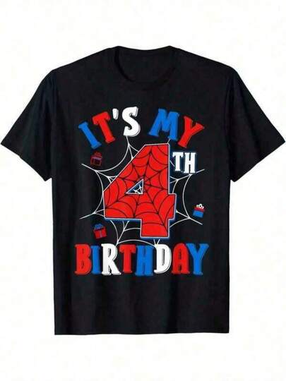 Men's Tops, Women's Work Clothes, Women's Black Tops, Men's T-Shirts It'S My 4th Birthday Spider T-Shirt For Kids, Soft Fabric, Breathable Short Sleeve Tees 3-13Y Soft And Durable Crew-Neck Casual Top, Suitable For Spring, Summer, And Autumn Wear. The Perfect Holiday Gift, Suitable For , Valentine's Day, Or As A Surprise Gift. Easy To Match, Allowing You To Showcase Your Style. Stylish Tops For Spring And Summer Vacations, Fun Patterned Shirts Loved By Teenage Boys And Girls. Suitable For Holidays, Parties, And Everyday Wear. Party Outfit, Fun Print, Daily Commute, Soft And Comfortable, Parent-Child Outfit, Base Short Sleeved, Inner Layer Valentine's Day Gifts Birthday Gift