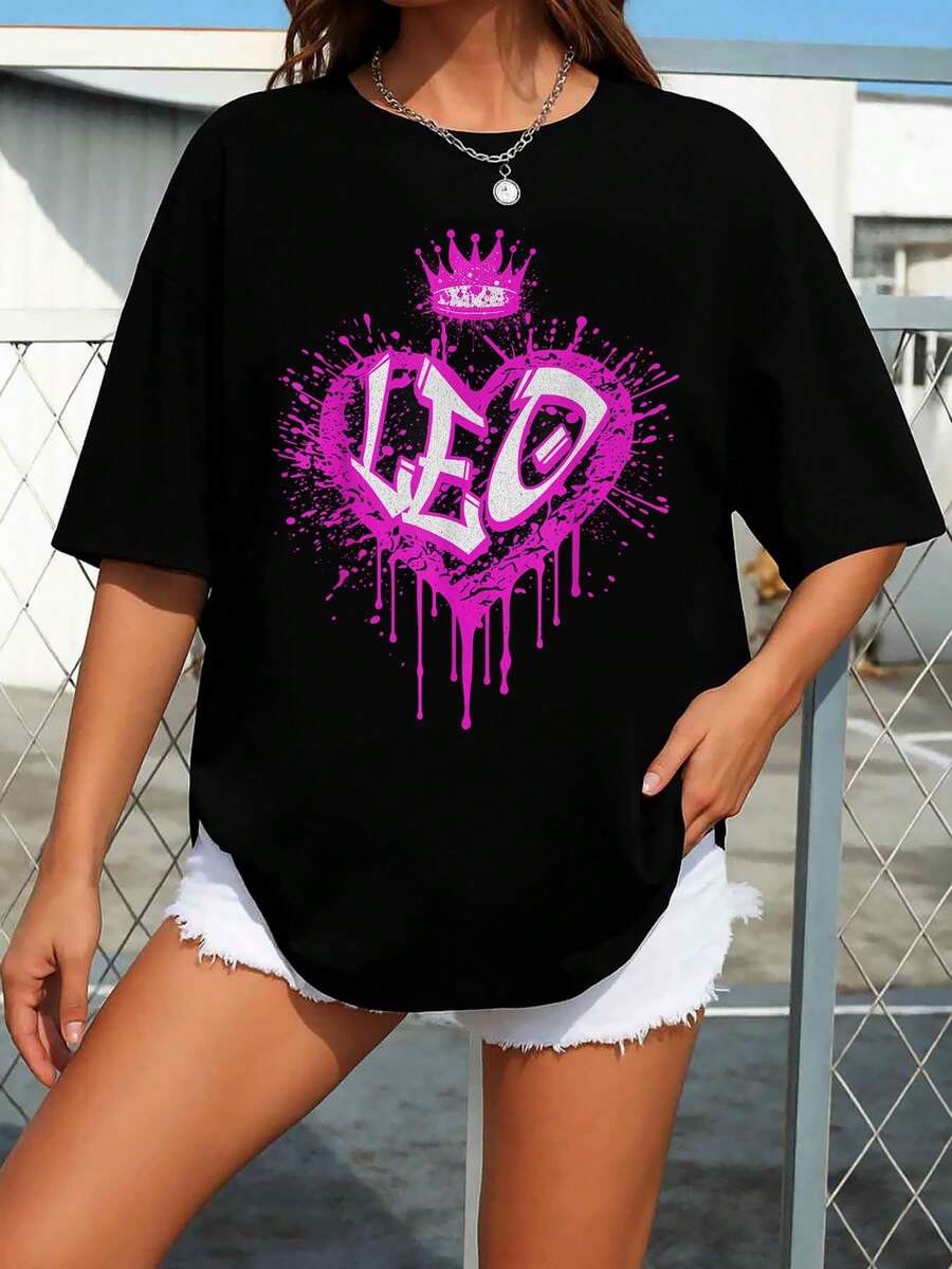 Leo Airbrush Graffiti Heart Love Lover Art Print Women's T-Shirt - màu đen - Xem 1