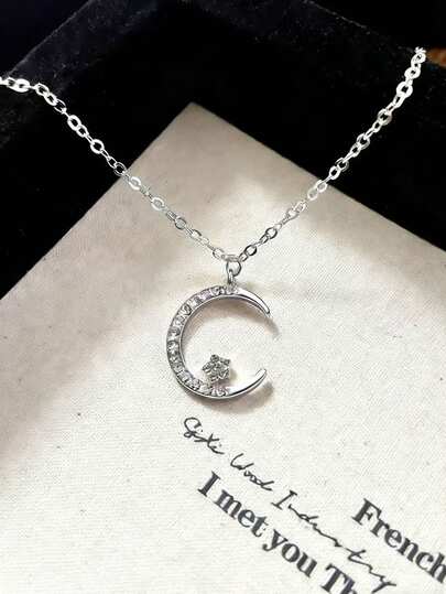 1 pieza Collar con colgante de estrella y luna de rhinestone plateado minimalista y de moda, collar con colgante delicado y brillante totalmente pavimentado, diseño único y elegante collar gargantilla adecuado para uso diario y festividades de mujeres