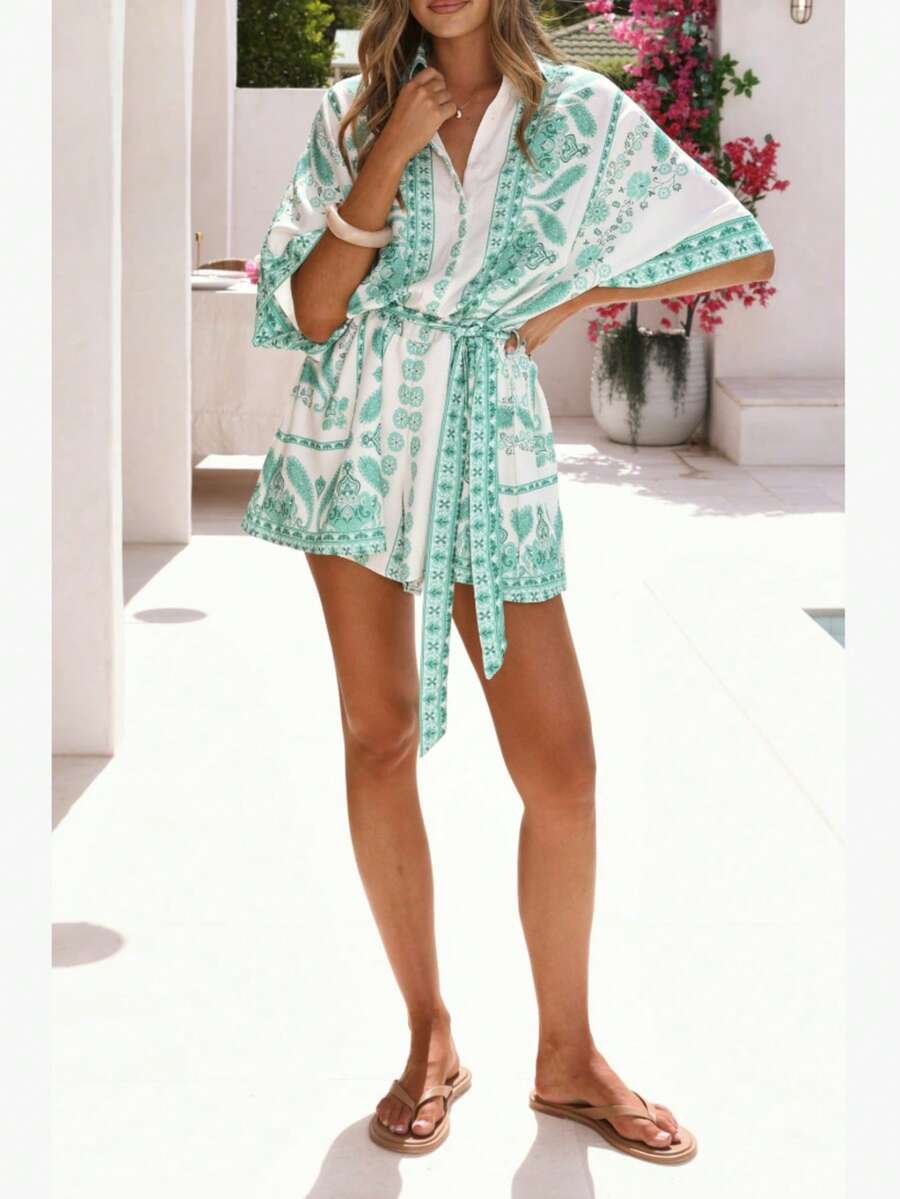 Bộ jumpsuit nữ màu xanh bạc hà thanh lịch và thoải mái với họa tiết paisley, tay áo cánh dơi rộng rãi, eo thắt, kiểu dáng nghỉ mát mùa hè. - Màu xanh Bạc hà - Xem 1