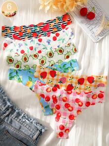 6条/包 情人节女士水果印花心形镂空设计舒适性感低腰丁字裤 - 彩色 - 查看 6