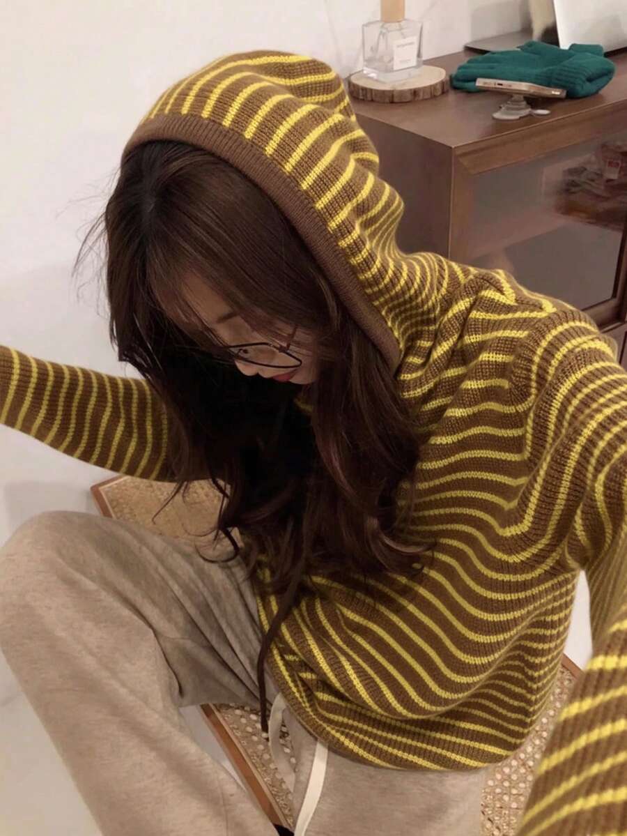 Striped Ribbed Drawstring Contrast Trim Casual Knit Hooded Sweatshirt, Striped Knit Pullover, Loose Autumn/Winter Layering Knit Top, Striped Pattern Drawstring Hooded Sweatshirt Sweatshirt, Casual Long Sleeve Autumn/Winter, Women Clothing - Yellow - View 1