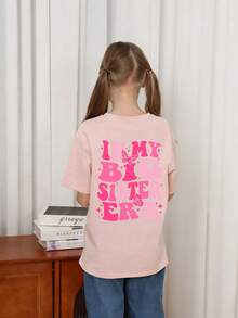 青少年女孩“在我的大姐姐时代”标语印花圆领T恤，夏季上衣 - 粉色 - 查看 2