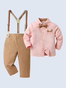 BOARNSEORL 2pcs Young Boys Gentleman Outfit - Collared Shirt With Bow Tie And Suspender Pants, Fashionable And Stylish For Birthday Party, Wedding, Banquet - Khaki - View 2
