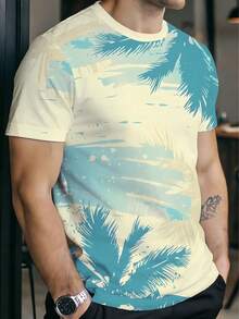 男士圆领椰叶印花休闲百搭日常短袖T恤 - 彩色 - 查看 1