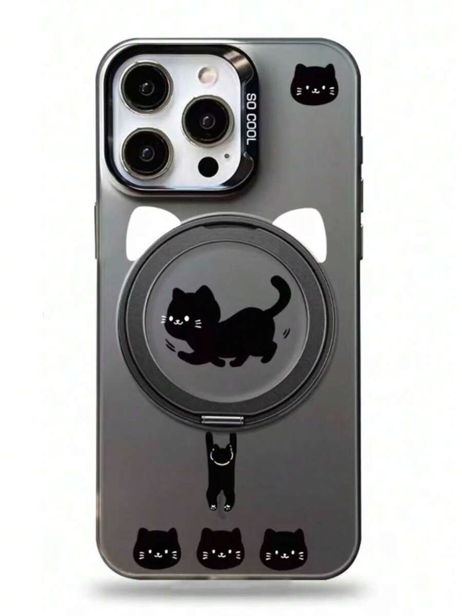 Cute Panda & Kitten Phone Holder Protective Case Compatible With IPhone 13, 14, 15 Pro Max, 16, 16 Pro Max, 17, 17 Pro Max, S21, 22, 23 Plus, 24 Ultra, 25, 25 Plus, 25 Ultra - Three Black Kittens - View 1