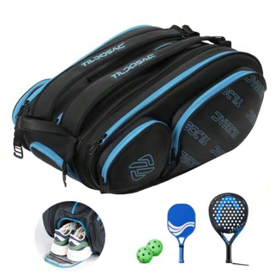 2-in-1 Detachable Pickleball and Padel Bag for Men Women Thermal Foil Insulated Racket Compartment Outdoor and Gym - Negro Azul - Ver 1