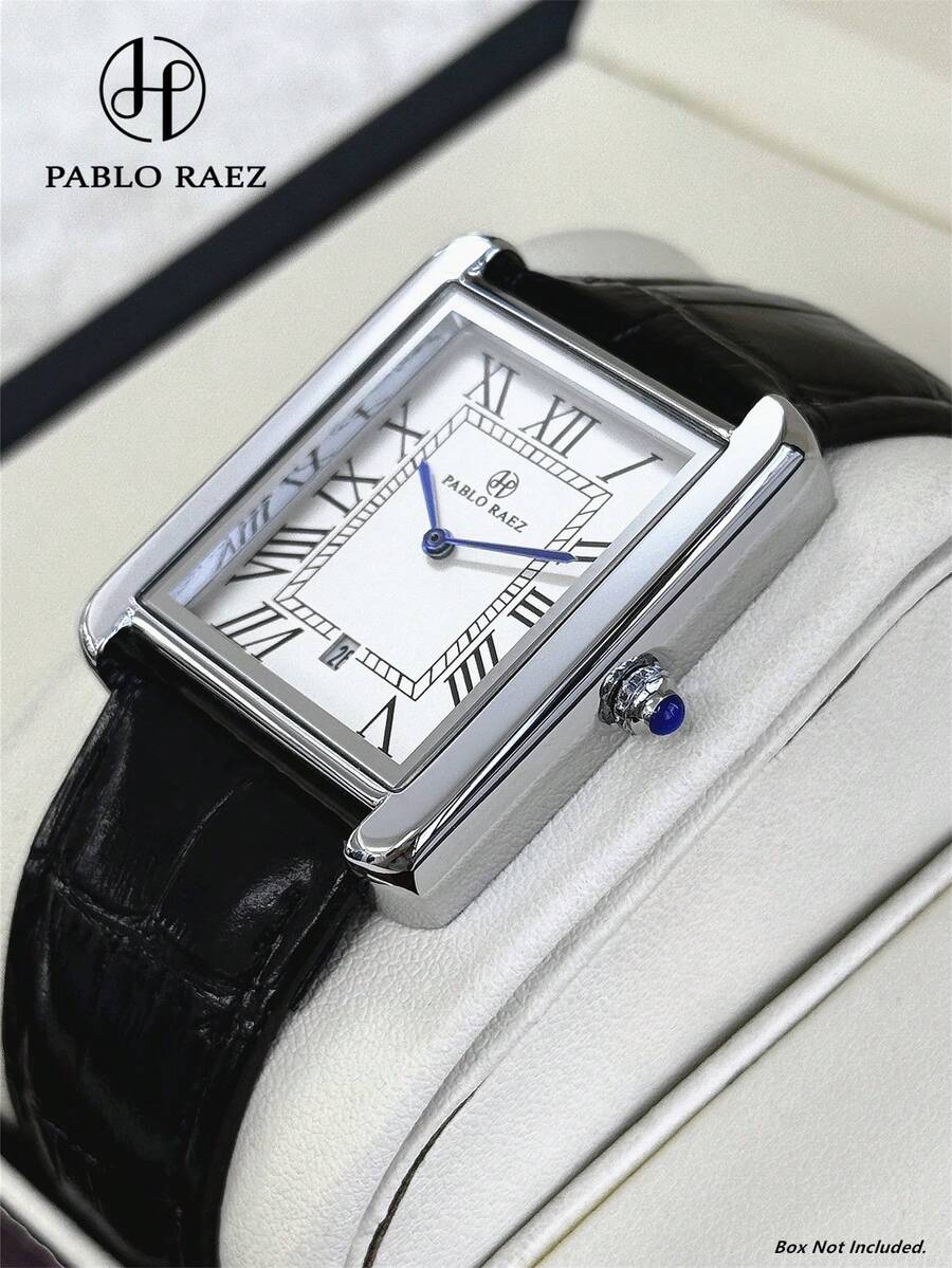 Đồng hồ nam Pablo Raez 1 chiếc, thiết kế sang trọng, hình chữ nhật, bằng thép không gỉ, kiểu dáng cổ điển, màu bạc, chống oxy hóa, dây đeo bằng sợi nhỏ màu đen, mạ IPS, thiết kế thời trang, phụ kiện mùa hè cho nam giới, chống nước 50m, đính đá.