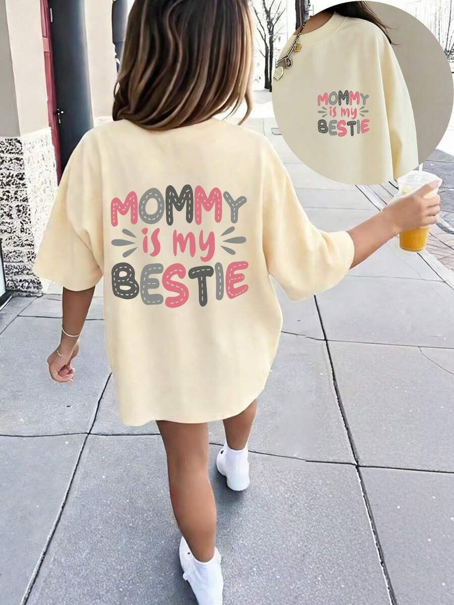 Tween Girl Casual Fun Print Crew Neck Short Sleeve T-Shirt, Summer Top - Apricot - View 1