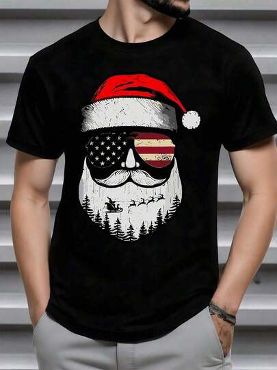 Camiseta de diseño humorístico de invierno con barba festiva de Papá Noel con gafas, bandera estadounidense y silueta de trineo en un bosque de pinos, ajuste casual moderno