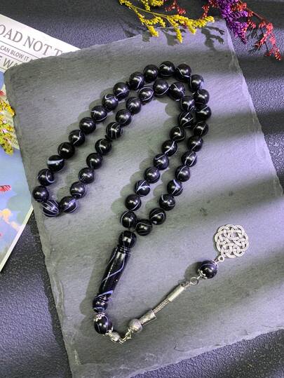 45颗10毫米黑色玛瑙珠念珠，质地优雅稳固，可用于驱邪和祈福，复古银色饰品，穆斯林祈祷念珠，开斋节送给父亲和兄弟的礼物