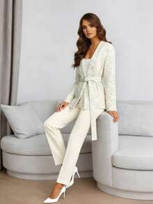 Áo khoác blazer dài tay, thanh lịch, thoải mái, có họa tiết, thắt nơ phía trước, thời trang. - trắng - Xem 2