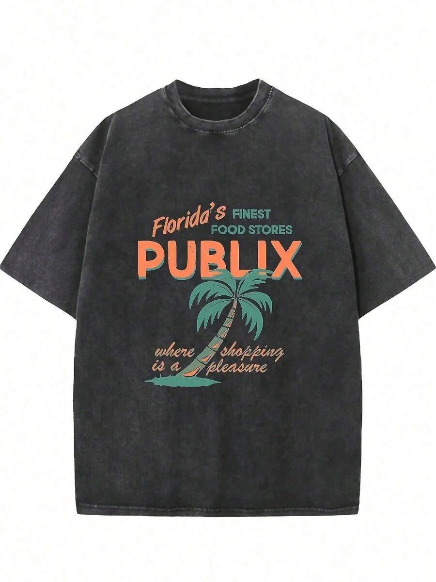 Florida Publix Graphic Tee, Streetwear Men's Black Washed Short Sleeve T-Shirt, Fashion Summer.Jpg - 黑色 - 查看 1