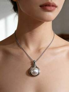 1 Conjunto de Brincos e Colar de Joia com Pérolas Falsas em Aço Inoxidável para Mulheres, Brincos e Colar de Festa de Estilo Personalizado e de Luxo no Estilo Ins, Sem Caixa de Presente - Prata - Visão 2