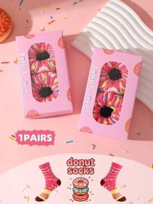 1双新款创意冰淇淋礼盒袜，男女通用中筒袜，彩色条纹图案，充满想象力的食物灵感设计，时尚多色舒适可爱复古休闲/学院风 - 紅色 - 查看 3