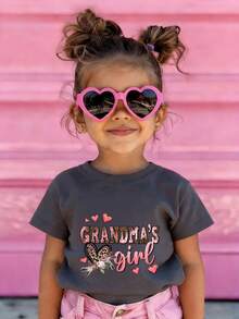 女童休闲印花圆领短袖T恤，夏季上衣 - 深灰色 - 查看 1