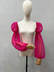 1件黑色网纱双层花瓣袖臂套，弹性长袖口，新娘款 - 彩色 - 查看 29