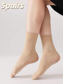 5双装女士提花图案薄款中筒袜，透气百搭踝袜，杏色和黑色简约优雅袜，适合日常穿着和各种场合。 - 彩色 - 查看 8