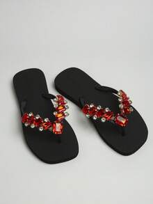 1 Pair Shiny Rhinestone Black Square Toe Fashion Flip Flops, Non-Slip Beach Sandals For Women - Multicolor - View 3