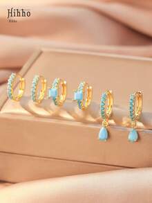 Hihho 6pcs Fashionable & Elegant Geometric Circle Shaped Earrings Set With Turquoise Blue & Cubic Zirconia Inlay For Women, Perfect Gift For Dating - Multicolor - View 8