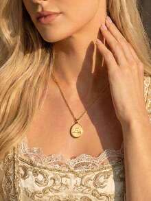 1pc Gold Engraved Round Pendant Necklace, Minimalist Chic Style Jewelry, Suitable For Dates, Gifts, Daily Wear (OPP Bag Packaging) - Gold - View 3