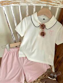 2pcs/Set Young Girl' Pink & White Ruffled Collar Polo Shirt Sweet Style Outfit - White - View 1