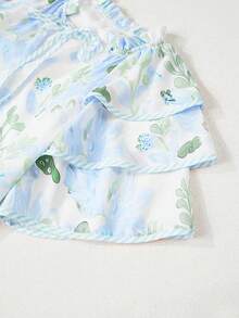 Acelitt Summer Light Blue Floral Contrast Edge Layered Short Sleeve Mini Dress Elegant Vacation - Baby Blue - View 7