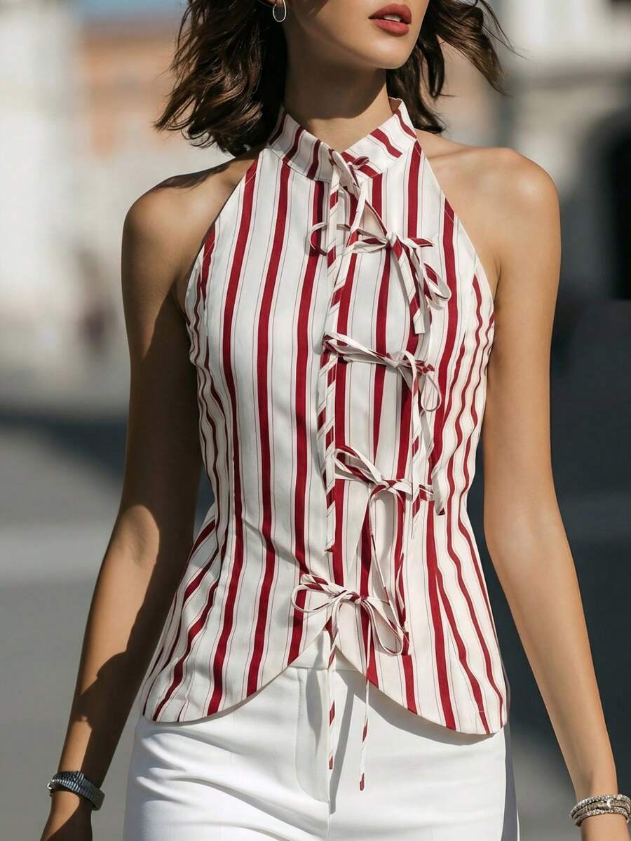 1pc Women's Tie-Front Sleeveless Striped Shirt - Red - View 1