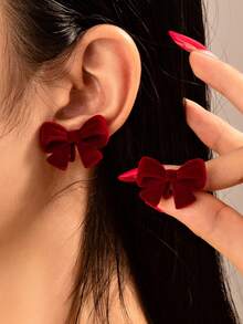 1 Pair Unique Flocked Bow Clip-On Earrings - No Piercing Required, Retro Style, Suitable For Casual Wear - Bow - View 1