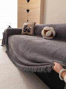 1pc Chenille Fashion Striped Solid Color Sofa Throw, Classic Minimalist Style, Scratch-Resistant And Durable Pet-Friendly, Suitable For All Seasons To Protect Sofa In Bedroom, Living Room, Study, Office, Machine Washable - Dark Grey - View 2
