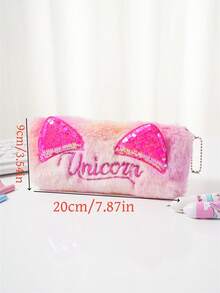 1个时尚扎染猫耳铅笔盒，亮片文具袋，毛绒字母拉链铅笔袋，简约收纳袋 - 粉色 - 查看 8