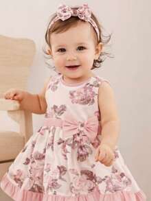 Vestido Bebe Menina Estampado Manga Curta Casual Estiloso para Fotos Do P aos 3 Anos - Rosê - Visão 6