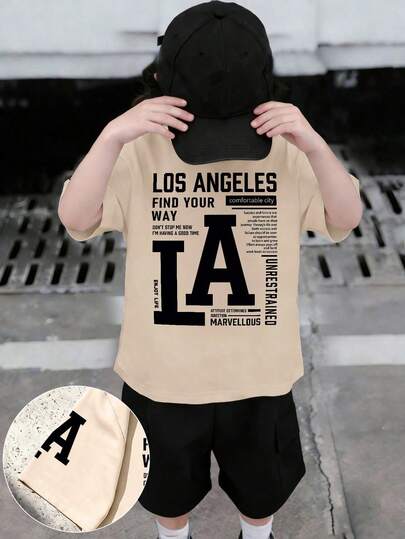 Teenager Boys' Minimalist Letter Print Round Neck Short Sleeve T-Shirt + Cargo Pants 2-Piece Set, Spring/Summer New Arrival